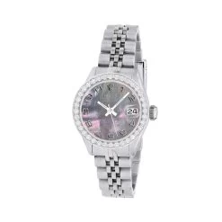 Women's Diamond Watch Rolex Datejust 26mm Black Mother Of Pearl Dial