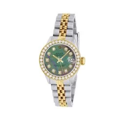 Women's Gold Watch Rolex Datejust 26mm Dark Mother Of Pearl Dial Diamond Bezel