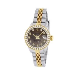 Women's Gold Watch Rolex Datejust 26mm Black Mother Of Pearl Dial Diamond Bezel