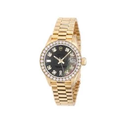 Women's 18K Gold Watch Rolex Datejust 26mm Black Mother Of Pearl Dial Diamond Bezel