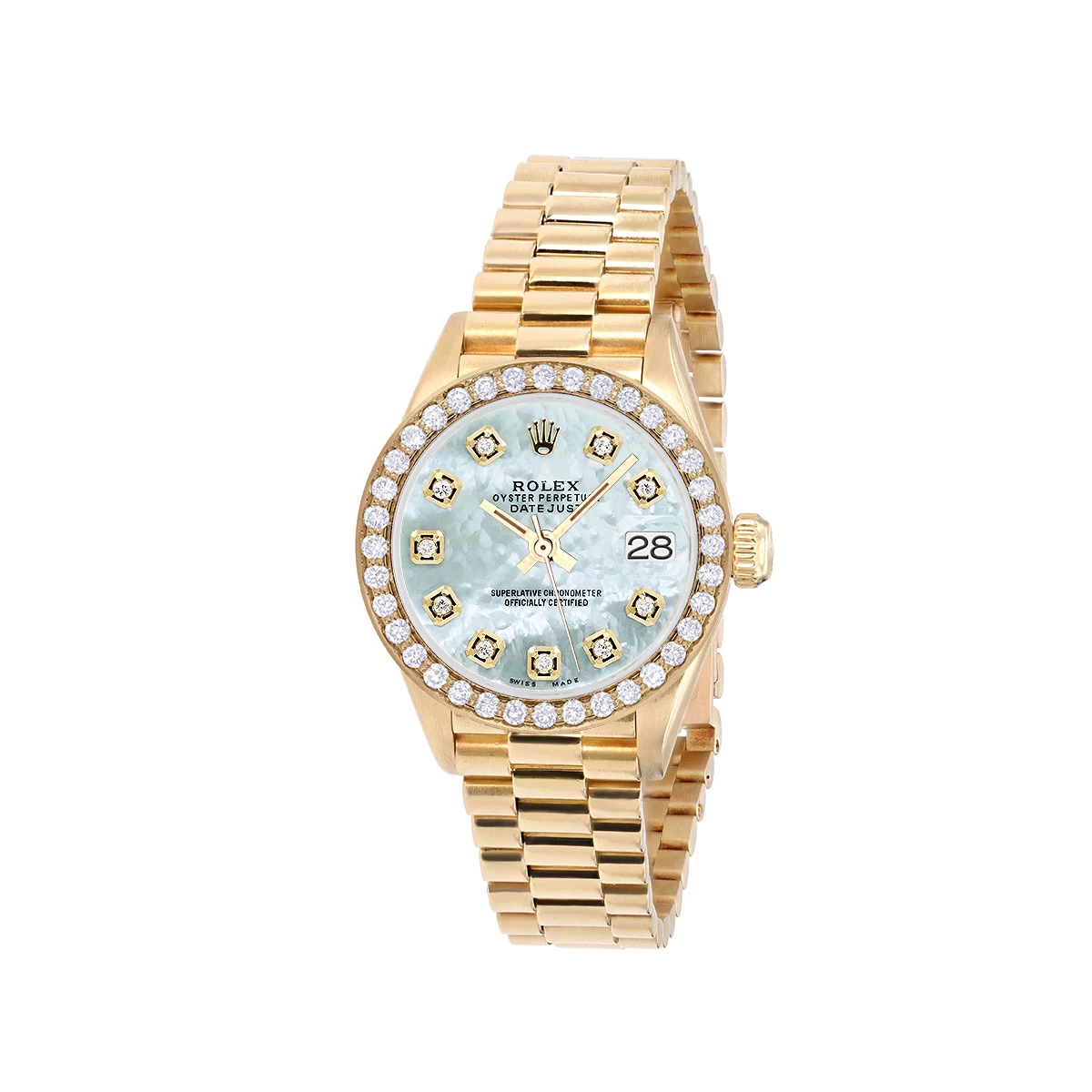 Women's 18K Gold Watch Rolex Datejust 26mm Blue Mother Of Pearl Dial Diamond Bezel 1 Women's 18K Gold Watch Rolex Datejust 26mm Blue Mother Of Pearl Dial Diamond Bezel