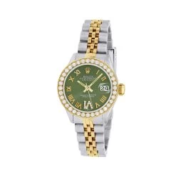 Women's Diamond Watch Rolex Datejust 26mm Green Dial Diamond Bezel