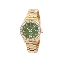 Women's 18K Gold Watch Rolex Datejust 26mm Green Dial Diamond Bezel