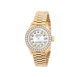 Women's 18K Gold Watch Rolex Datejust 26mm White Mother Of Pearl Dial Diamond Bezel