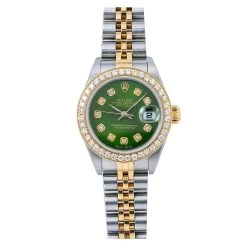 Women's Diamond Watch Rolex Datejust Yellow Gold 26mm Green Dial Jubilee Bracelet