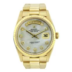 Diamond Men's Rolex Day-Date Watch 36mm 18K Gold WIth Light Blue Mother-of-Pearl Dial