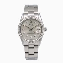 Women's Diamond Rolex Watch Oyster Perpetual Date 34mm Silver Tone Dial Oyster Bracelet
