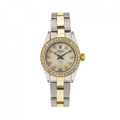 Women's Diamond Rolex Watch Oyster Perpetual Yellow Gold Stainless Steel White Dial Diamond Bezel