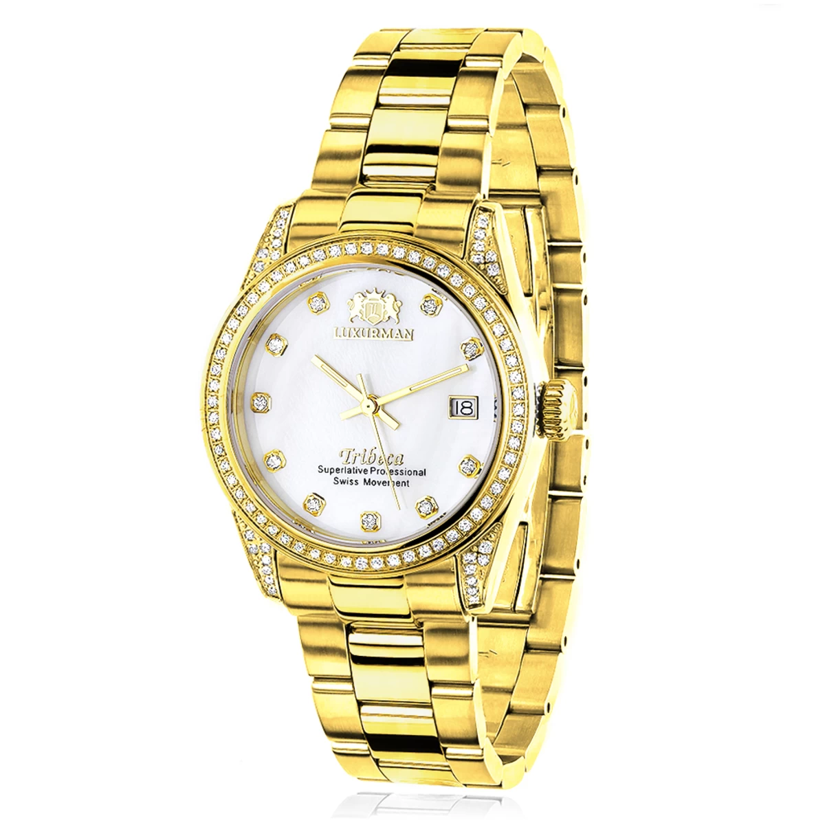 Women's Diamond Watch Yellow Gold Plated Luxurman Tribeca 1.5ct 1 Women's Diamond Watch Yellow Gold Plated Luxurman Tribeca 1.5ct