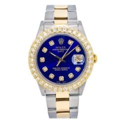 Women's Gold Diamond Watch Rolex Oyster Perpetual Datejust Blue Dial Oyster Bracelet