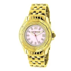 Yellow Gold Plated Ladies Diamond Pink MOP Watch By Luxurman 0.25ct