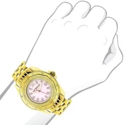 Yellow Gold Plated Ladies Diamond Pink MOP Watch By Luxurman 0.25ct -Watch Store yellow gold plated ladies diamond pink mop watch by luxurman 025ct 3