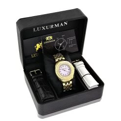 Yellow Gold Plated Ladies Diamond Pink MOP Watch By Luxurman 0.25ct -Watch Store yellow gold plated ladies diamond pink mop watch by luxurman 025ct 4