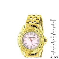 Yellow Gold Plated Ladies Diamond Pink MOP Watch By Luxurman 0.25ct -Watch Store yellow gold plated ladies diamond pink mop watch by luxurman 025ct ruler