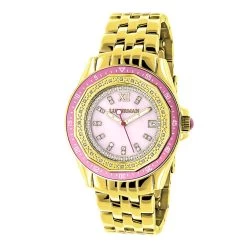 Yellow Gold Plated Ladies Diamond Pink Watch 0.25ct Luxurman