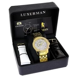 Yellow Gold Tone Luxurman Men's Diamond Watch 0.25ct -Watch Store yellow gold tone watches luxurman mens diamond watch 025ct 1 1